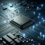 Detalle macro de un microchip sobre un fondo de tonos azul oscuro, resaltando cables electrónicos y luces sutiles estilo futurista.