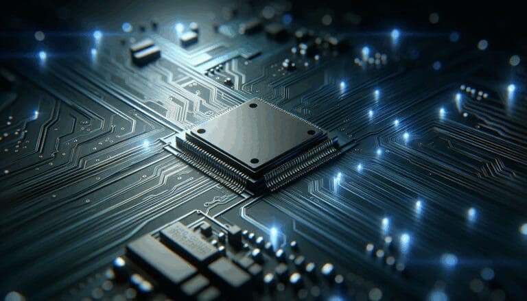 Detalle macro de un microchip sobre un fondo de tonos azul oscuro, resaltando cables electrónicos y luces sutiles estilo futurista.