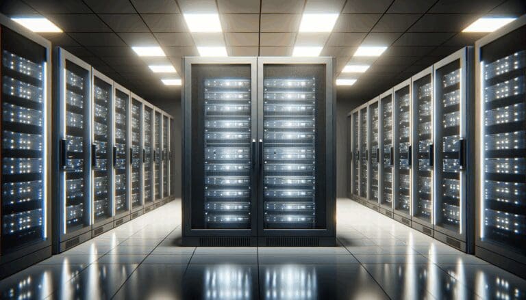 Centro de datos moderno con servidores iluminados en una sala tecnológica, ambiente de innovación.