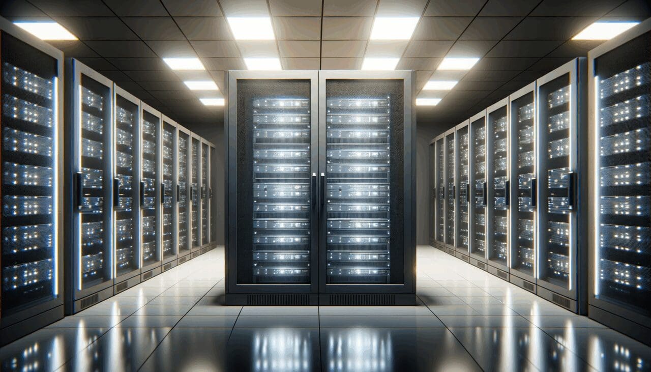 Centro de datos moderno con servidores iluminados en una sala tecnológica, ambiente de innovación.