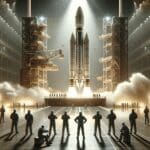 Primer plano de un cohete en plataforma de lanzamiento rodeado de ingenieros en un centro espacial moderno.