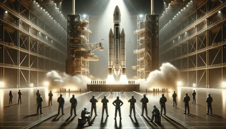 Primer plano de un cohete en plataforma de lanzamiento rodeado de ingenieros en un centro espacial moderno.