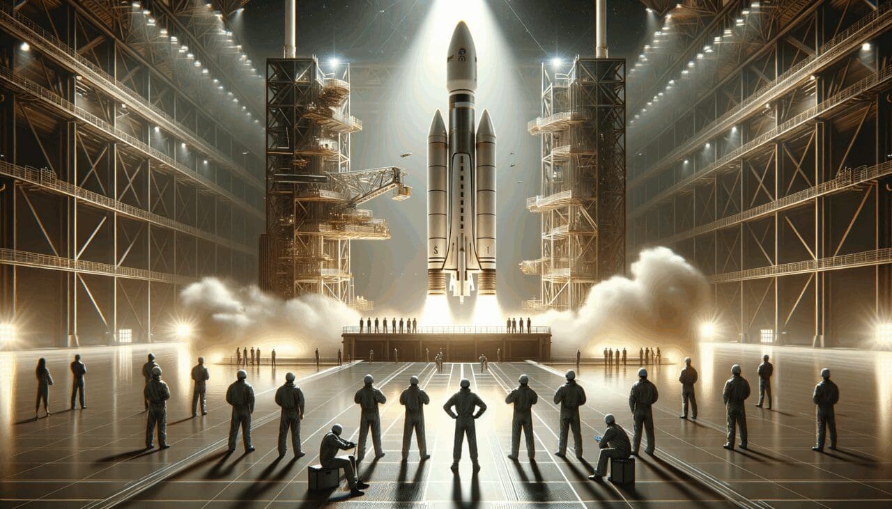 Primer plano de un cohete en plataforma de lanzamiento rodeado de ingenieros en un centro espacial moderno.