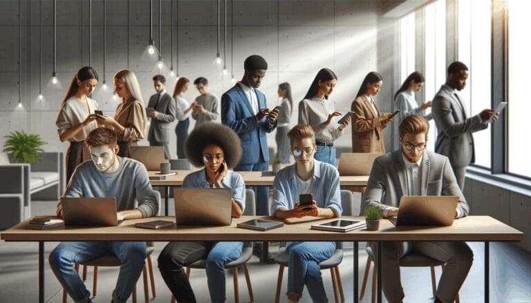 Personas jóvenes usando laptops y teléfonos móviles en una oficina luminosa y moderna.