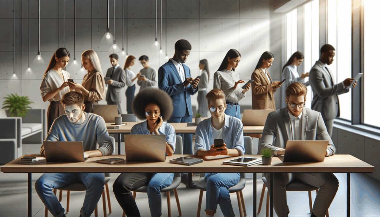 Personas jóvenes usando laptops y teléfonos móviles en una oficina luminosa y moderna.