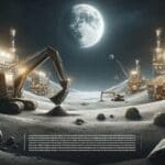 Superficie lunar con maquinaria moderna extrayendo recursos bajo un cielo oscuro.