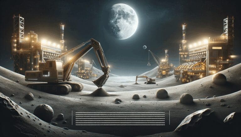 Superficie lunar con maquinaria moderna extrayendo recursos bajo un cielo oscuro.