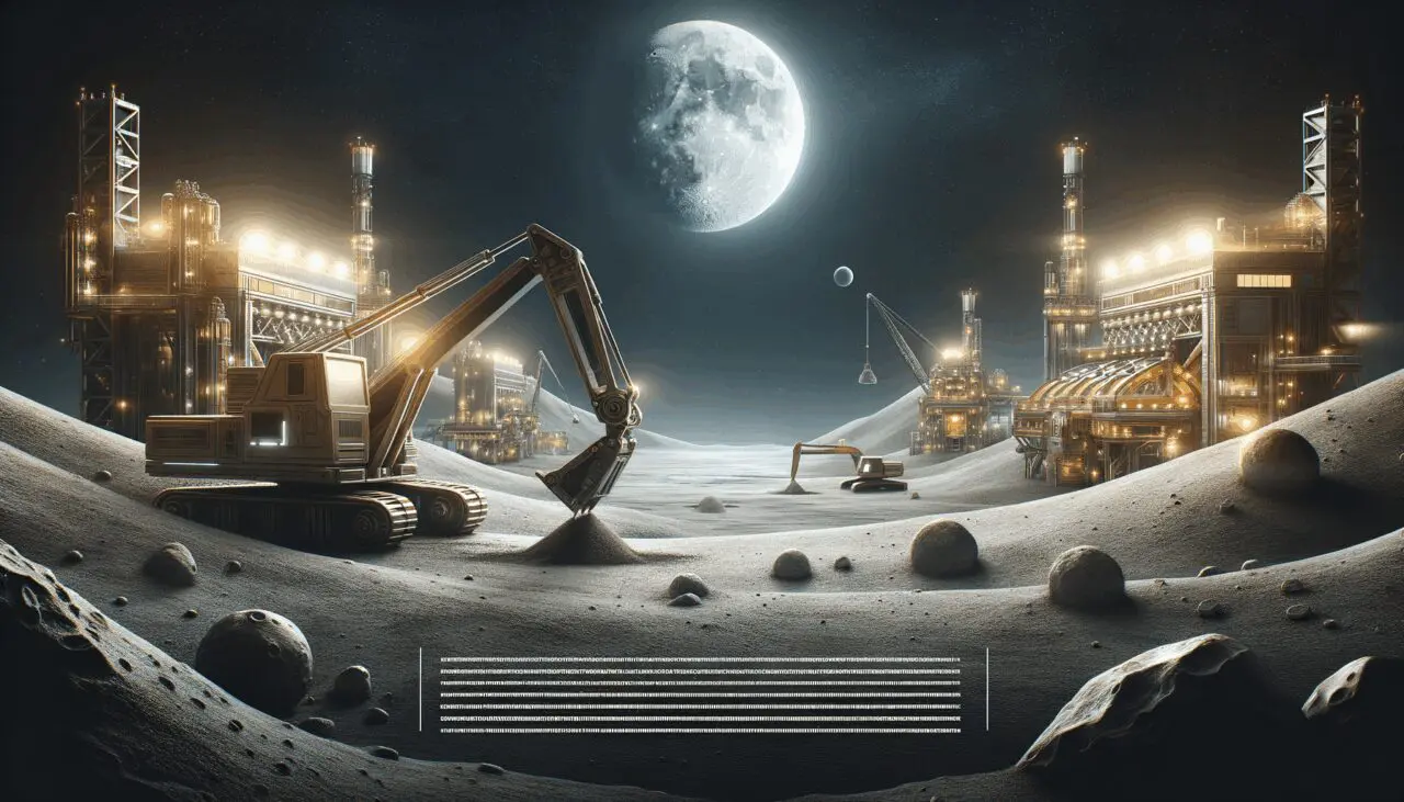 Superficie lunar con maquinaria moderna extrayendo recursos bajo un cielo oscuro.