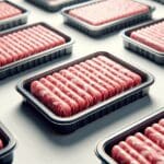Primer plano de bandejas de carne picada innovadora sobre fondo neutro, iluminación limpia y ambiente industrial moderno.