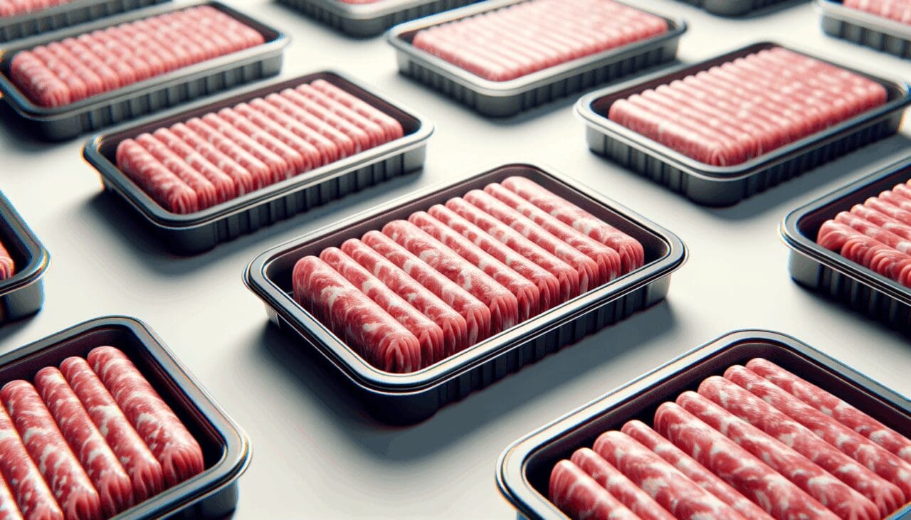 Primer plano de bandejas de carne picada innovadora sobre fondo neutro, iluminación limpia y ambiente industrial moderno.