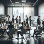 Jóvenes emprendedores conversando en una oficina moderna, laptops y pizarras con gráficos al fondo, ambiente colaborativo y tecnológico.