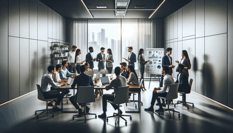 Jóvenes emprendedores conversando en una oficina moderna, laptops y pizarras con gráficos al fondo, ambiente colaborativo y tecnológico.
