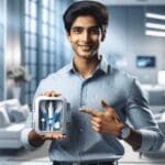 Joven emprendedor mostrando un dispositivo médico innovador en un entorno tecnológico moderno.