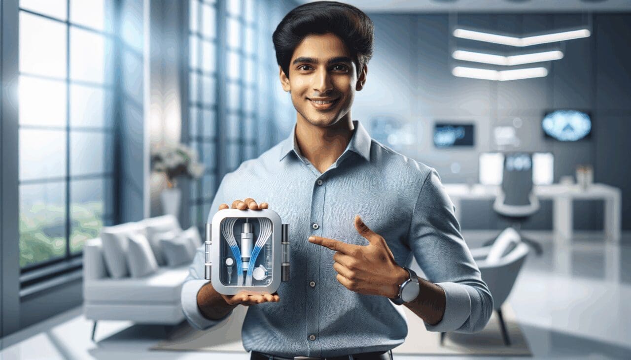 Joven emprendedor mostrando un dispositivo médico innovador en un entorno tecnológico moderno.