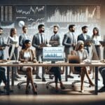 Fotografía de un equipo de emprendedores trabajando frente a computadoras con gráficos financieros.