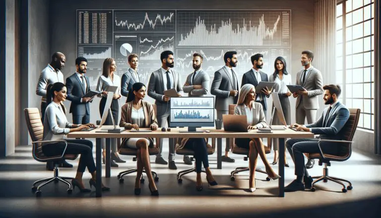 Fotografía de un equipo de emprendedores trabajando frente a computadoras con gráficos financieros.