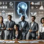 Un grupo diverso de emprendedores en una sala moderna observando gráficos de inteligencia artificial en una pantalla digital.