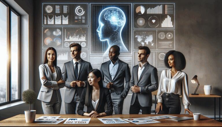 Un grupo diverso de emprendedores en una sala moderna observando gráficos de inteligencia artificial en una pantalla digital.