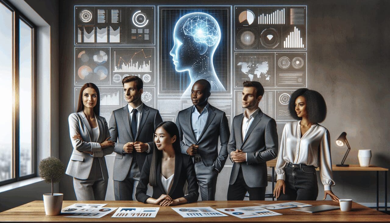 Un grupo diverso de emprendedores en una sala moderna observando gráficos de inteligencia artificial en una pantalla digital.