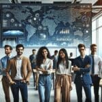 Emprendedores jóvenes interactuando frente a pantallas con mapas digitales y algoritmos de música, en un entorno de oficina moderno.