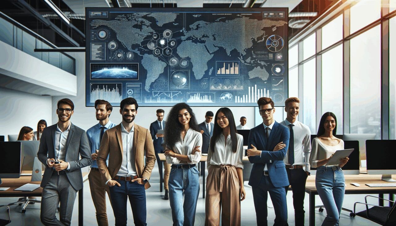 Emprendedores jóvenes interactuando frente a pantallas con mapas digitales y algoritmos de música, en un entorno de oficina moderno.