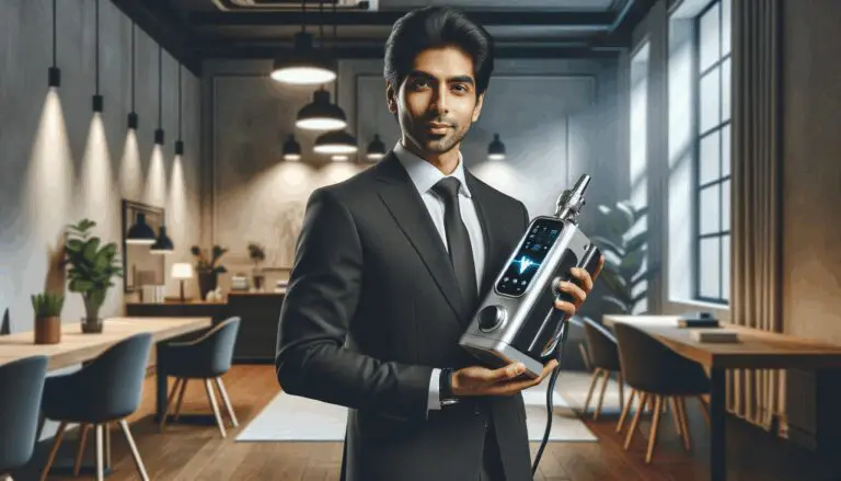 Fotografía de un emprendedor sosteniendo un dispositivo médico innovador en un espacio de coworking moderno.