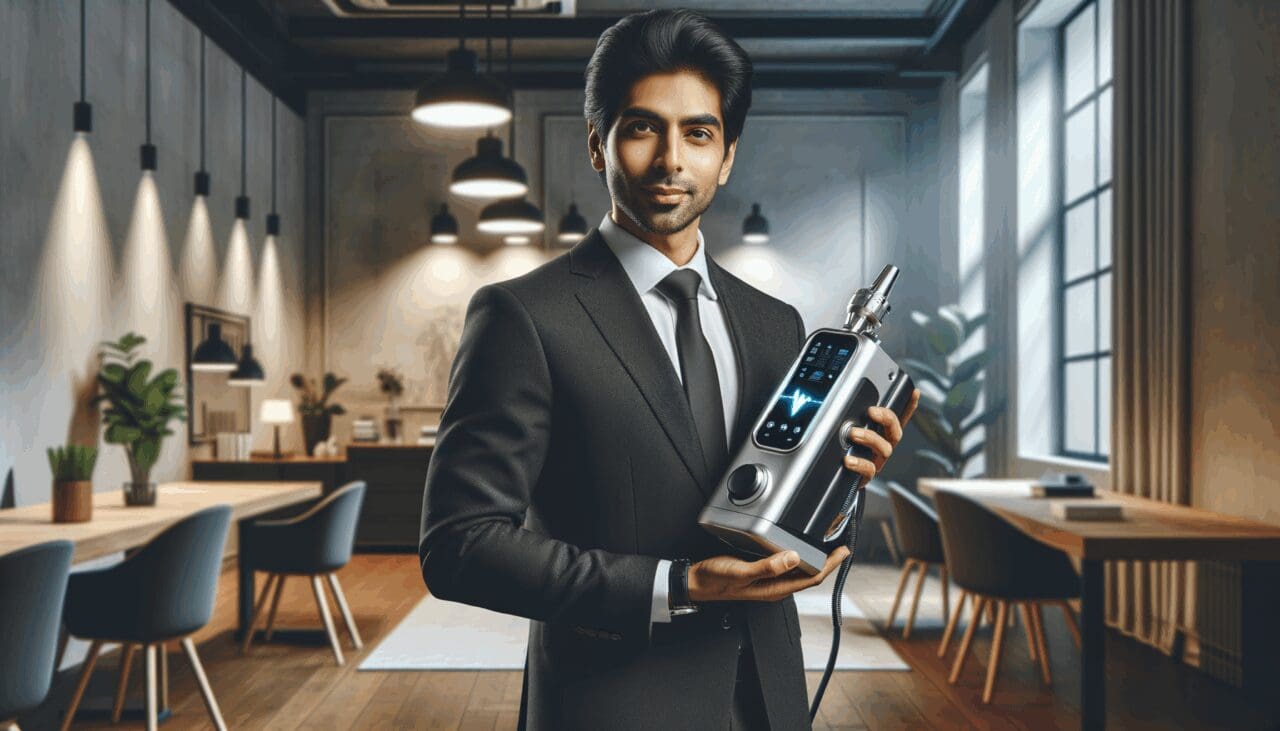 Fotografía de un emprendedor sosteniendo un dispositivo médico innovador en un espacio de coworking moderno.