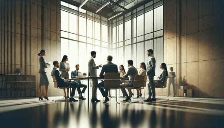 Emprendedores discutiendo estrategias en una oficina moderna.