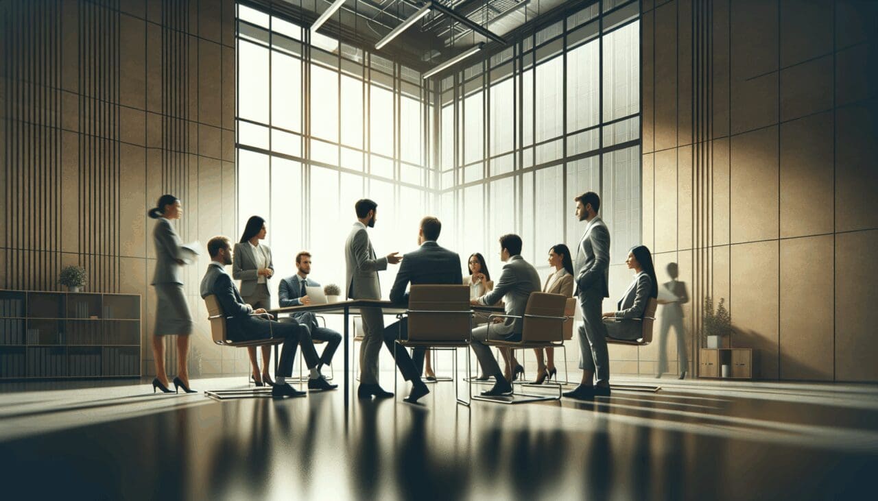 Emprendedores discutiendo estrategias en una oficina moderna.