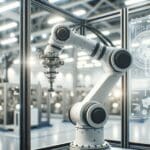 Primer plano de un brazo robótico en una fábrica moderna, con fondos tecnológicos y luces suaves.