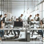 Oficina moderna con jóvenes emprendedores colaborando frente a computadoras en ambiente tecnológico.