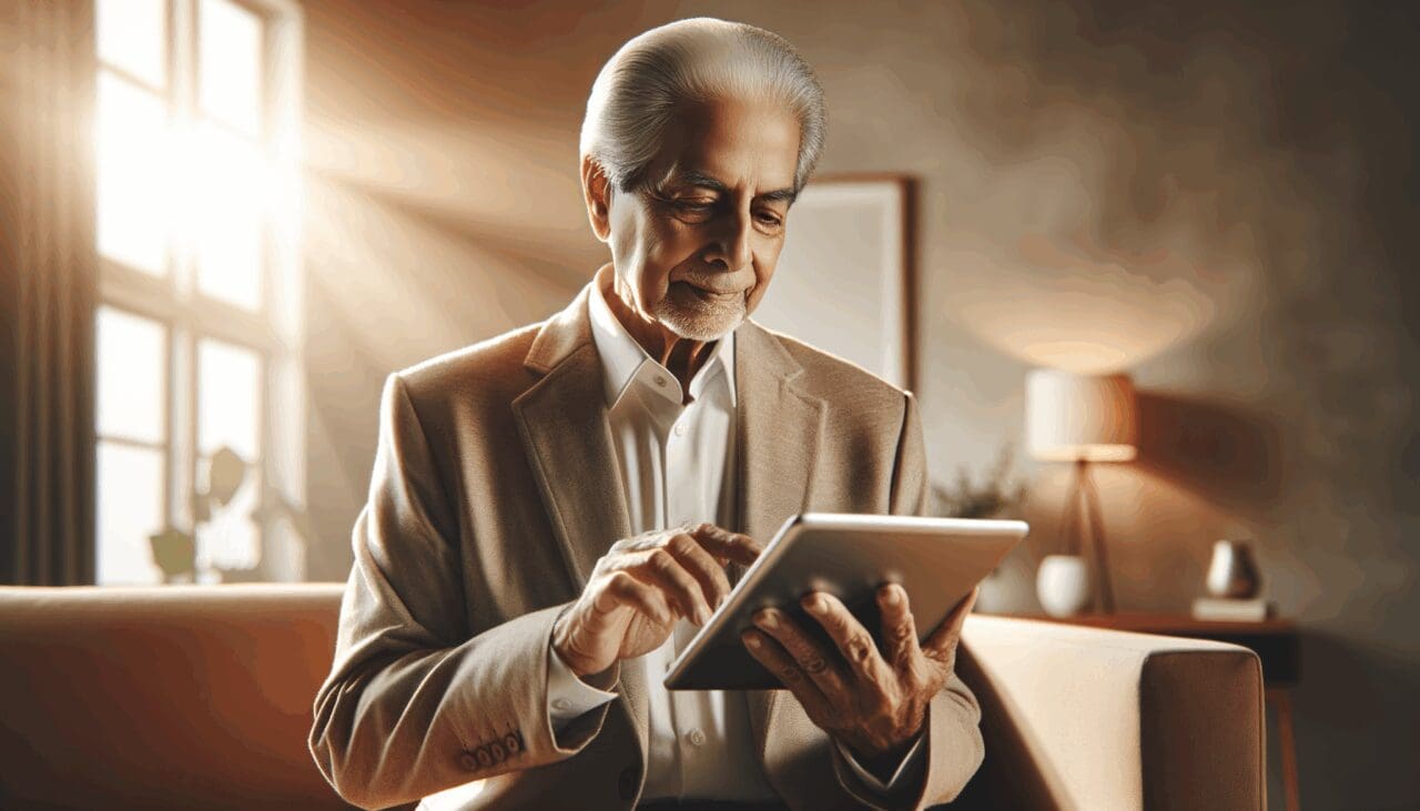 Adulto mayor utilizando una tableta digital en un ambiente cálido y moderno, rodeado de tecnología amigable.