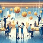 Ilustración moderna de equipo de startup trabajando con gráficos y criptomonedas en una oficina luminosa.