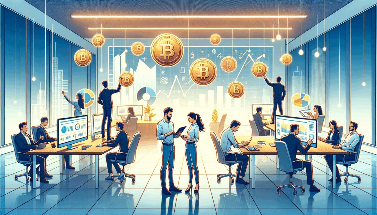 Ilustración moderna de equipo de startup trabajando con gráficos y criptomonedas en una oficina luminosa.