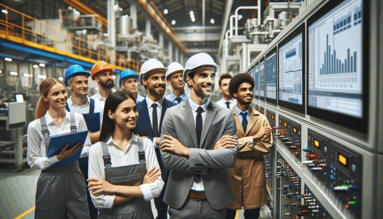 Primer plano de ingenieros revisando equipos industriales con pantallas digitales de datos en una planta moderna.
