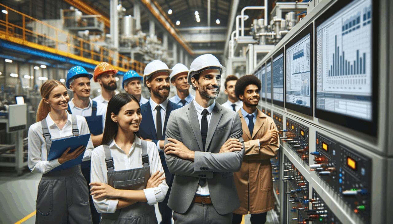 Primer plano de ingenieros revisando equipos industriales con pantallas digitales de datos en una planta moderna.