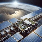 Primer plano de páneles solares y sistemas tecnológicos sobre la superficie de un satélite con la Tierra de fondo.