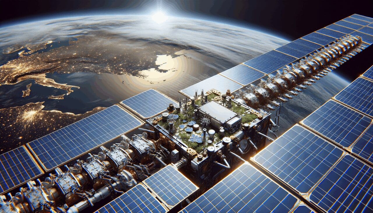 Primer plano de páneles solares y sistemas tecnológicos sobre la superficie de un satélite con la Tierra de fondo.