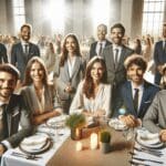 Grupo de personas sonrientes en un evento elegante, con mesas decoradas y ambiente festivo en un salón moderno.