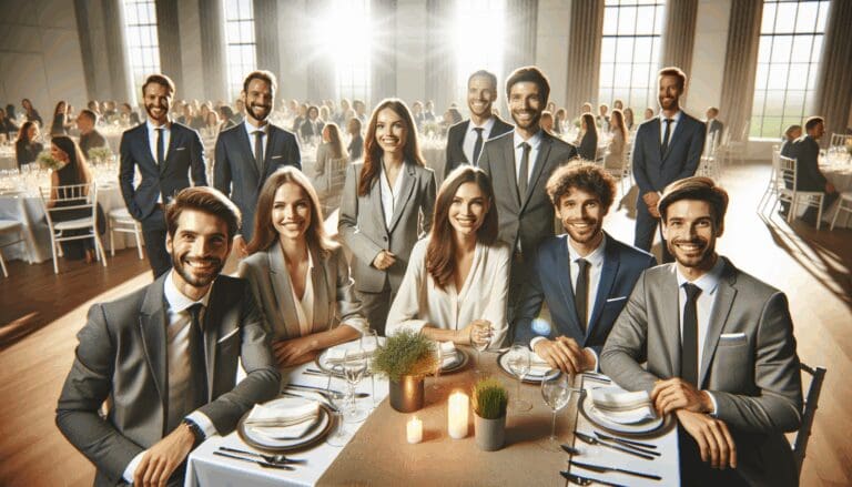 Grupo de personas sonrientes en un evento elegante, con mesas decoradas y ambiente festivo en un salón moderno.
