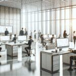 Oficina moderna con profesionales colaborando frente a computadoras y pizarras digitales en un entorno tecnológico.