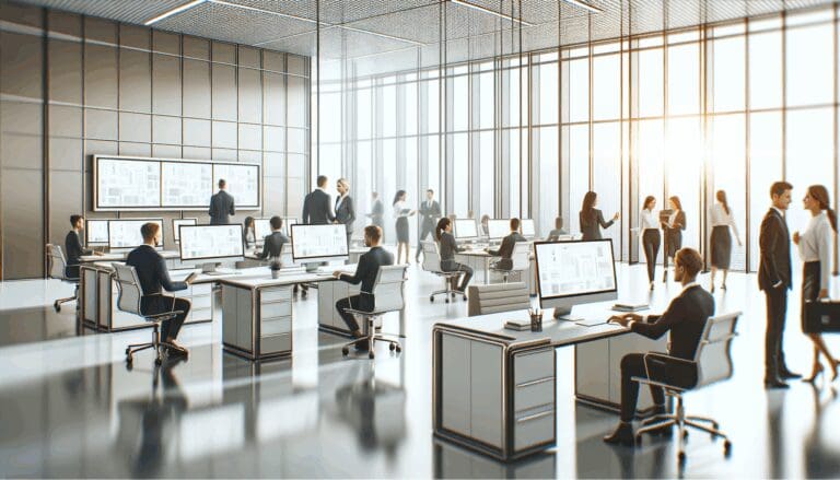 Oficina moderna con profesionales colaborando frente a computadoras y pizarras digitales en un entorno tecnológico.