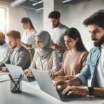 Grupo diverso de emprendedores reunidos en un espacio colaborativo tecnológico moderno, laptops y pizarras en uso.