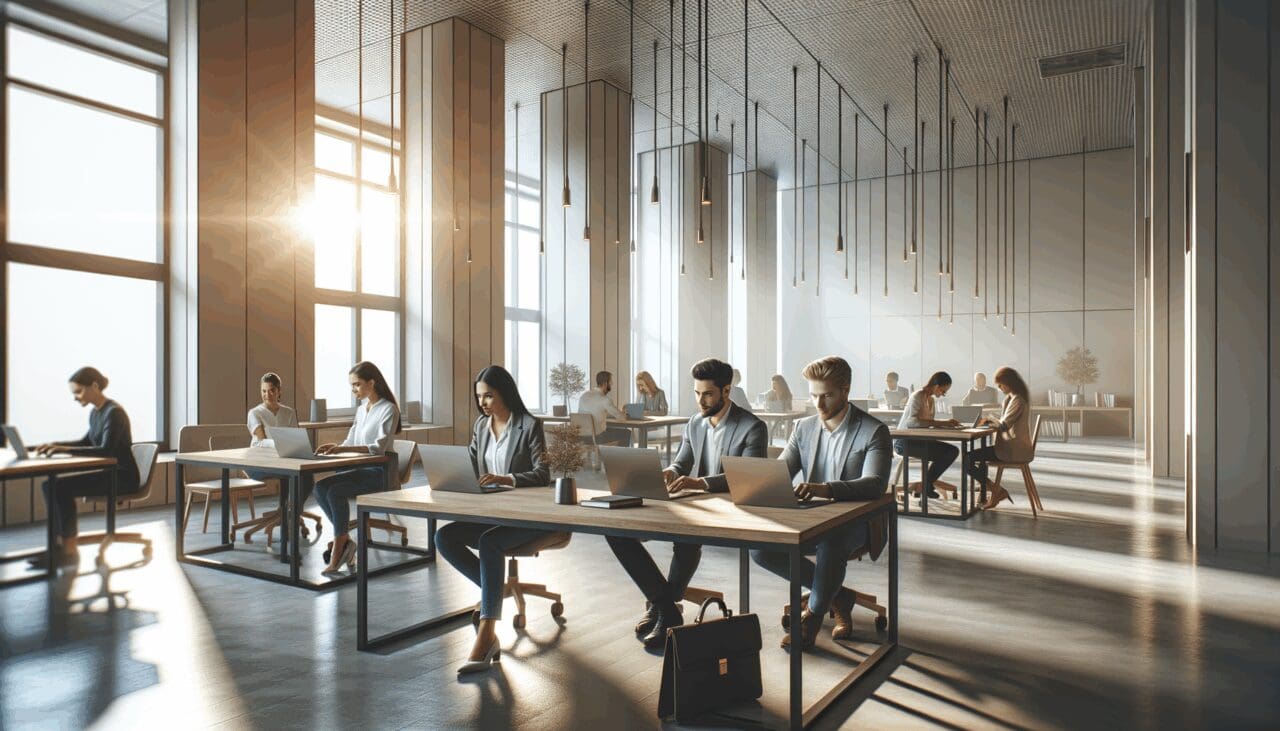 Interior de una moderna sala de coworking con emprendedores trabajando en laptops, ambiente colaborativo y luz natural.