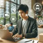 Joven emprendedor usando una laptop en un entorno urbano moderno, con iconos de apps de delivery en el aire.
