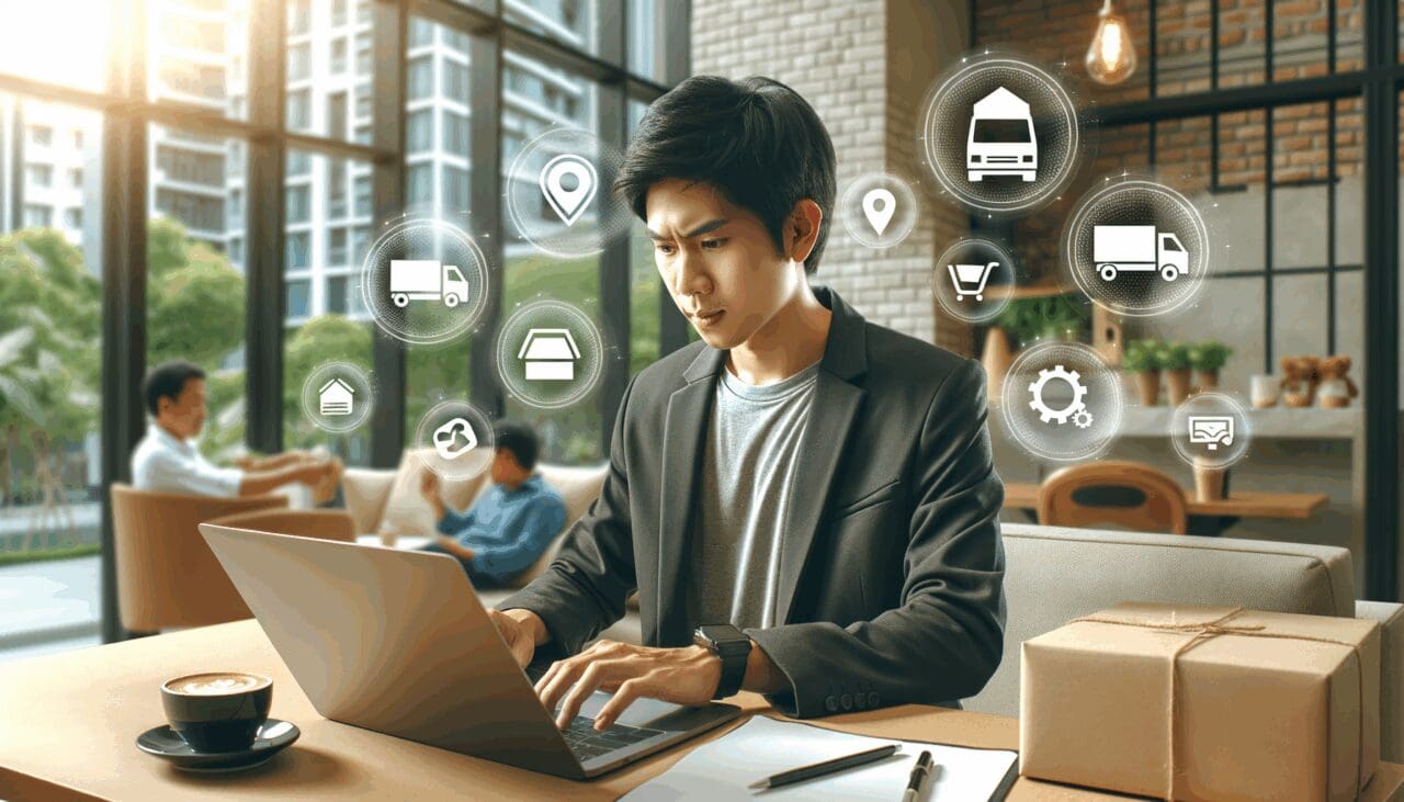 Joven emprendedor usando una laptop en un entorno urbano moderno, con iconos de apps de delivery en el aire.