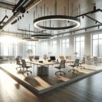 Espacio de coworking moderno y luminoso en ambiente emprendedor.