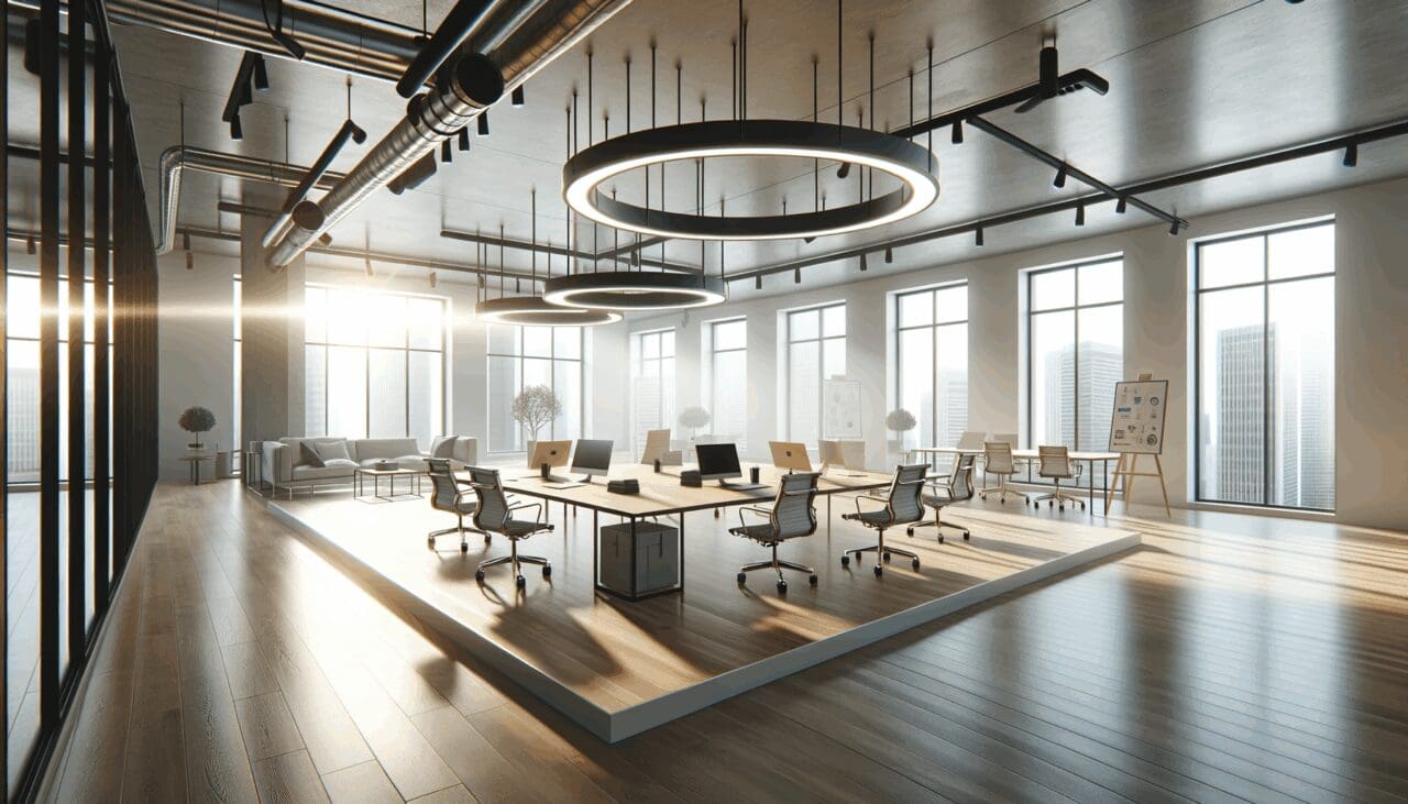 Espacio de coworking moderno y luminoso en ambiente emprendedor.