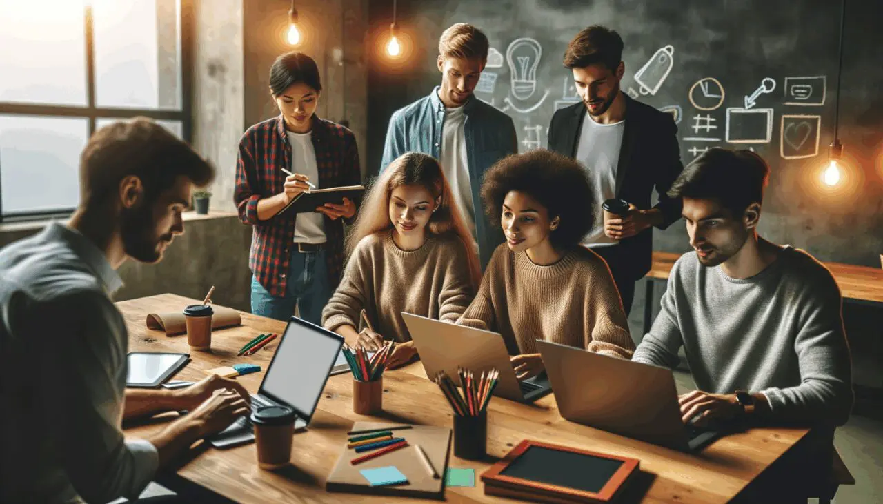 Emprendedores jóvenes colaborando en un espacio moderno de coworking con pizarras y laptops.