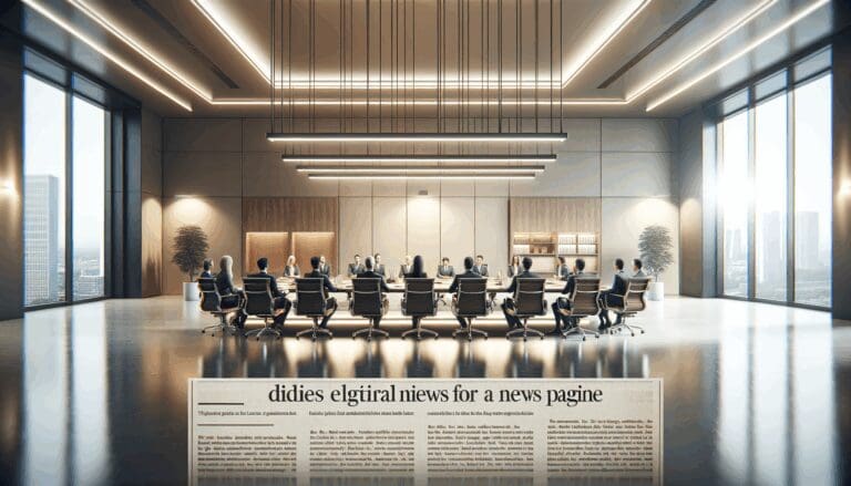 Primer plano de una sala de juntas moderna, con equipos tecnológicos y personas discutiendo estrategias.